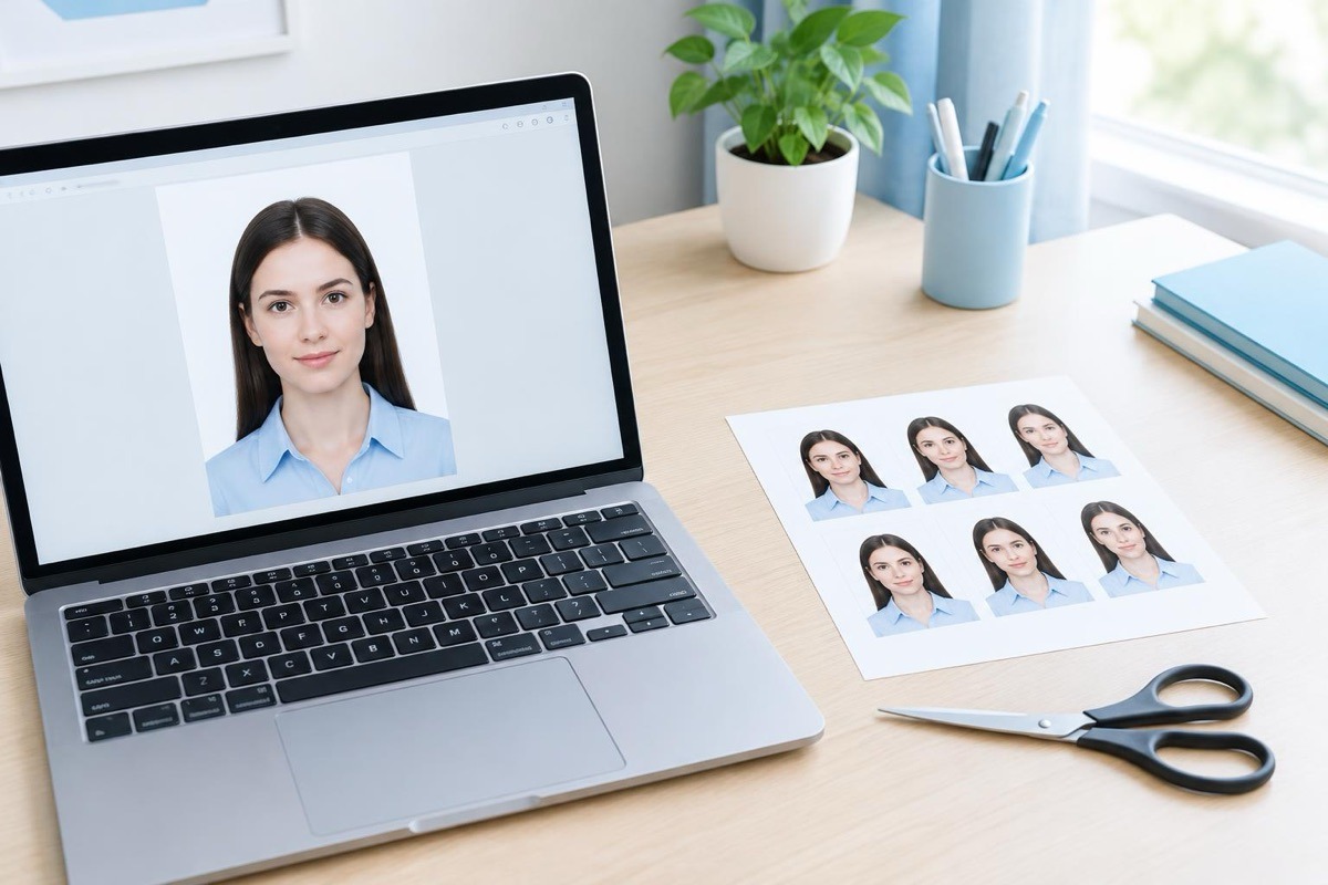Ноутбук с готовым портретом и распечатанный лист с фотографиями